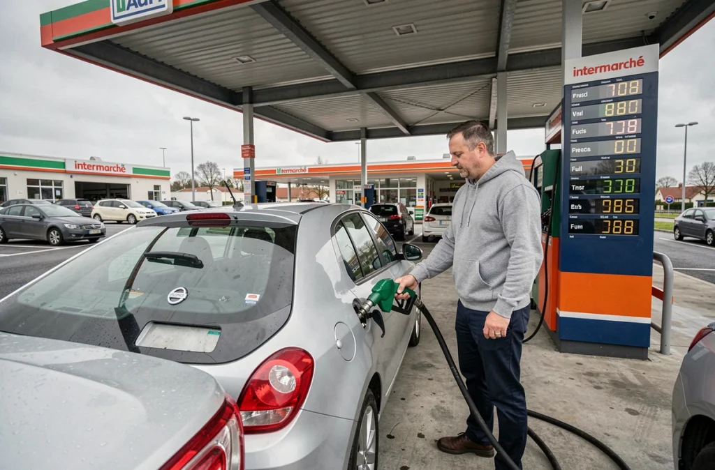 Homme faisant le plein d'essence dans une station-service Intermarché avec affichage des prix au litre