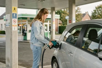 Jeune femme faisant le plein d'une voiture sans permis à une station-service de banlieue