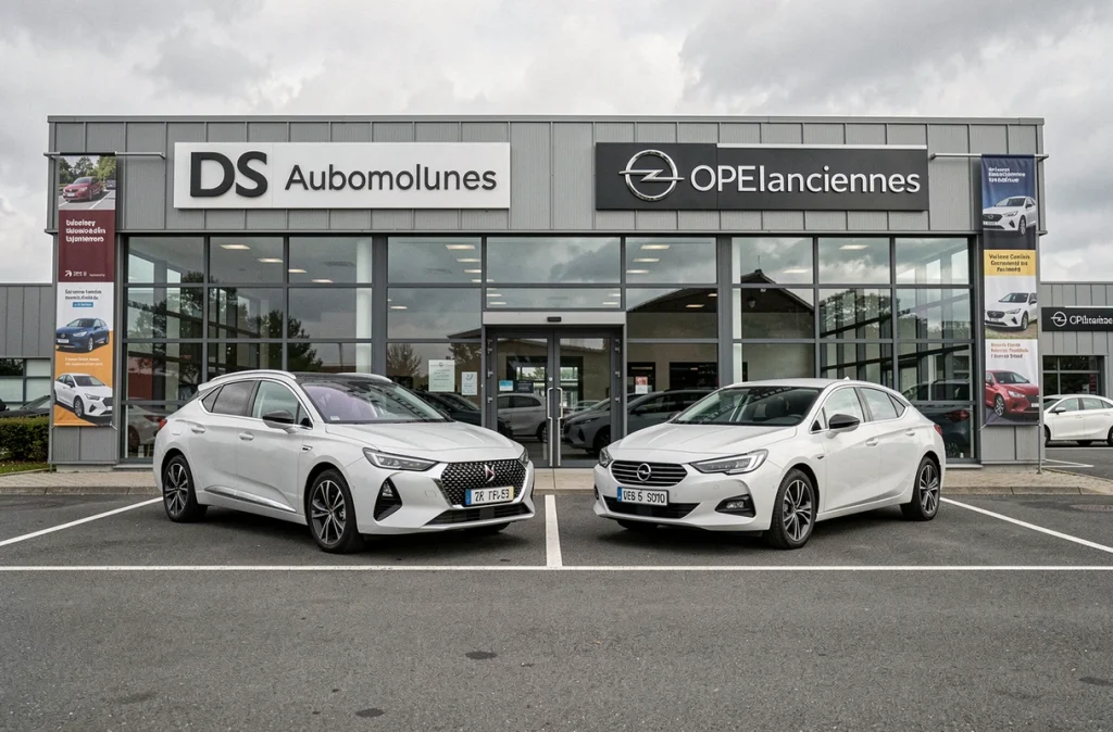 Façade du Pôle DS et Opel à Valenciennes avec deux véhicules des marques exposés sur le parvis