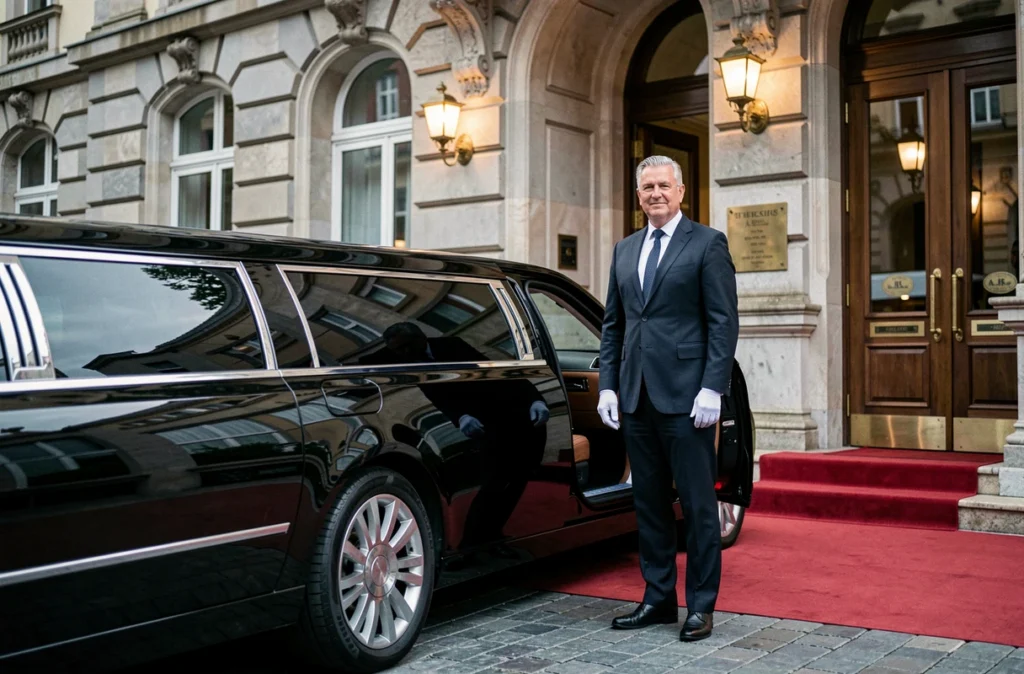 Chauffeur en uniforme ouvrant la porte d'une limousine noire devant un hôtel de prestige à Strasbourg