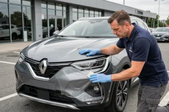 Technicien automobile appliquant un film de protection transparent sur la carrosserie gris rafale d'une Renault Symbioz neuve dans un parking de concessionnaire