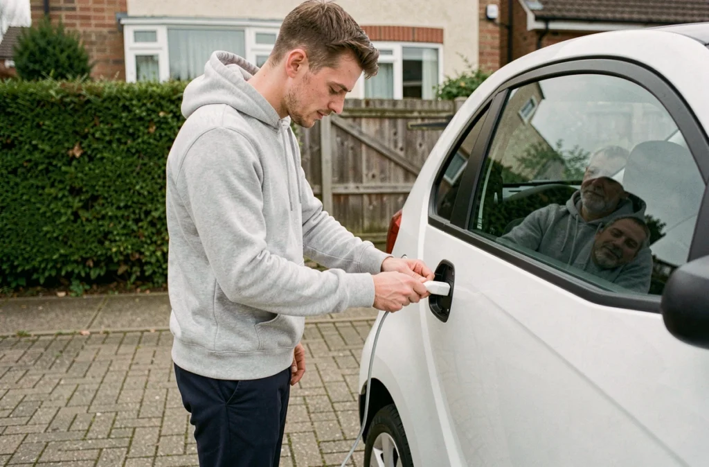 Jeune homme branchant le câble de recharge d'une voiture sans permis électrique dans une allée résidentielle