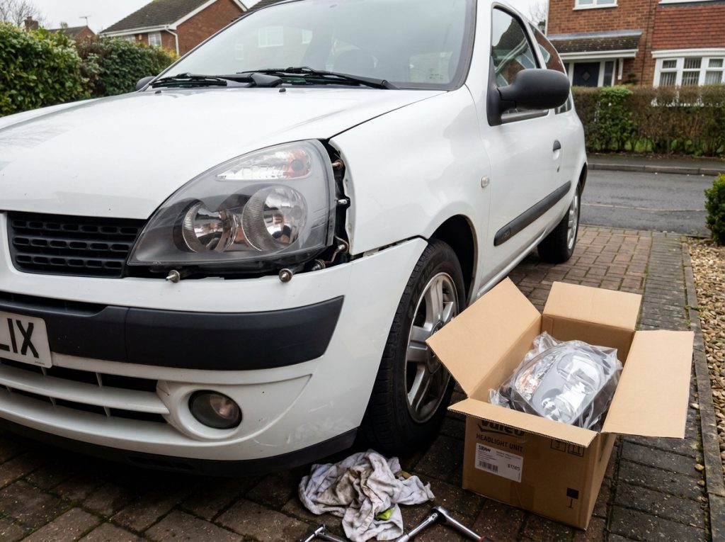 Remplacement du phare avant gauche d'une Renault Clio 2 blanche dans une allée résidentielle