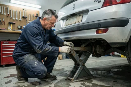 Mécanicien amateur inspectant le train arrière d'une Peugeot 206 dans un garage particulier