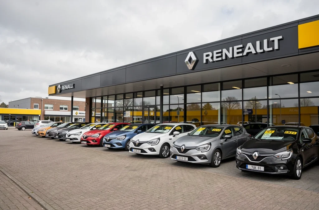 Façade extérieure de la concession Renault Lille Métropole avec des véhicules neufs alignés sur le parvis