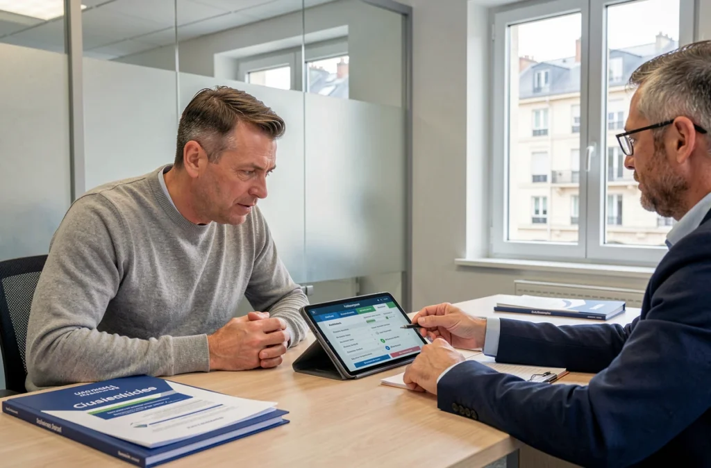 Client en rendez-vous avec un conseiller en assurance auto dans une agence moderne à Montpellier