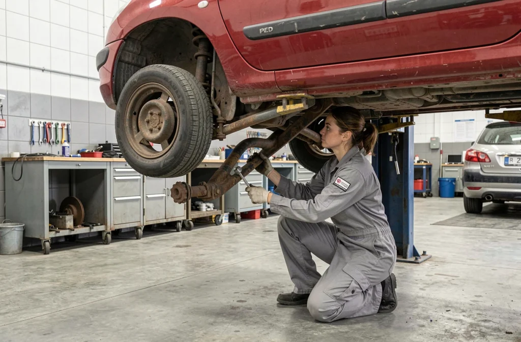 Mécanicienne professionnelle remplaçant le train arrière d'une Peugeot 206 dans un atelier automobile