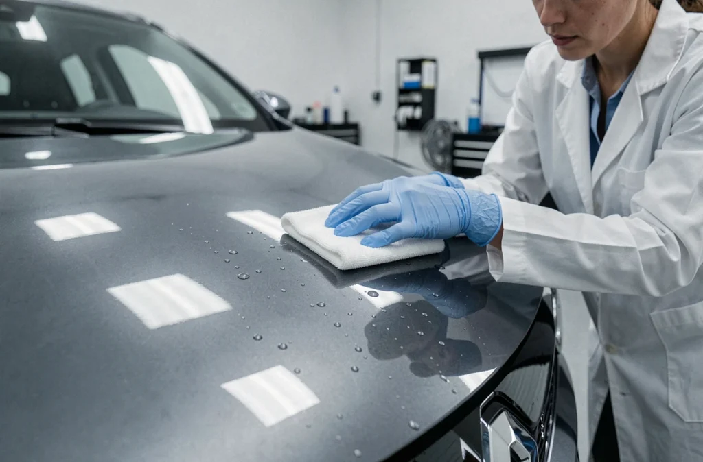 Application d'un revêtement céramique sur le capot gris rafale de la Renault Symbioz par une technicienne en atelier de detailing professionnel