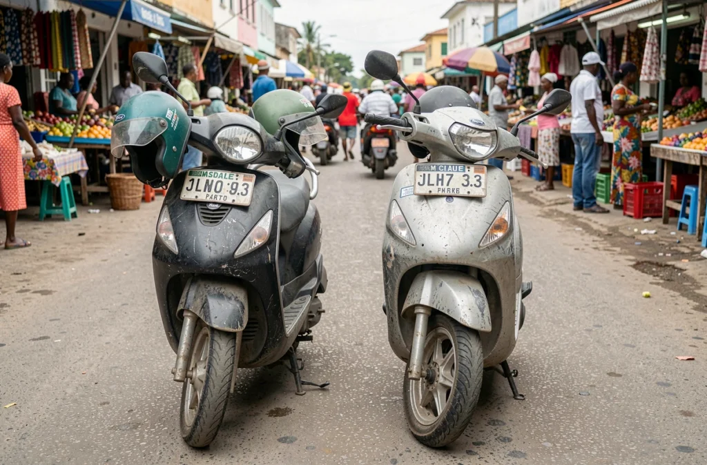 Deux scooters garés dans une rue animée de Mamoudzou à Mayotte illustrant l'usage quotidien des deux-roues