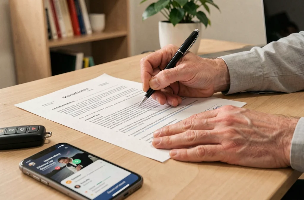 Mains d'un chauffeur VTC signant un contrat d'assurance auto à son bureau avec clé de voiture et smartphone