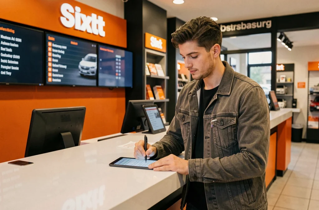 Client signant un contrat de location sur tablette au comptoir de l'agence Sixt Strasbourg