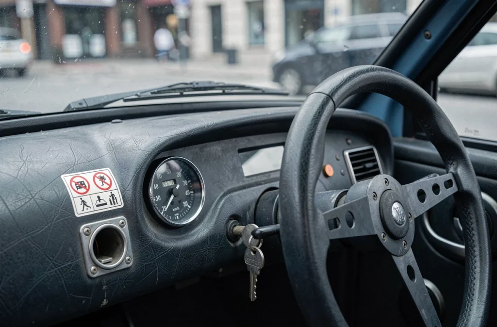 Intérieur d'une voiture sans permis avec tableau de bord affichant une vitesse maximale de 45 km/h et symboles réglementaires