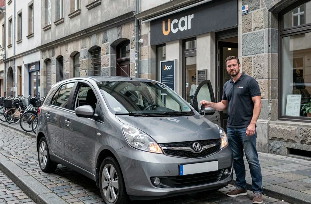 Agent Ucar remettant une citadine à un client devant l'agence Ucar Strasbourg