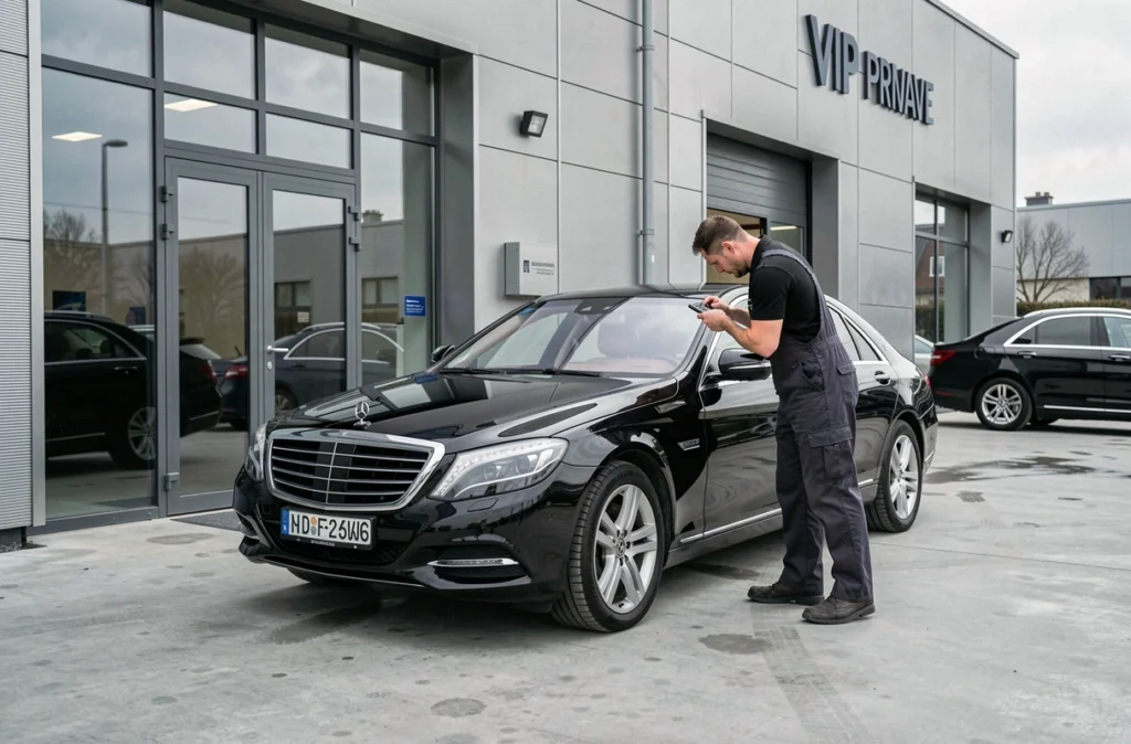 Technicien préparant une berline de luxe noire dans les locaux de VIP Car Solutions à Strasbourg