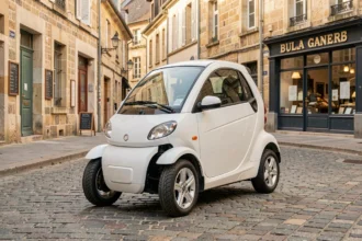 Voiture sans permis blanche garée dans une rue pavée de Bourg-en-Bresse avec des façades en pierre en arrière-plan