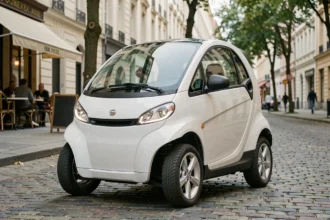 Voiture sans permis électrique blanche garée sur une rue urbaine pavée avec terrasse de café en arrière-plan
