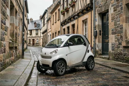 Voiture sans permis d'occasion garée dans une rue pavée du centre historique de Quimper