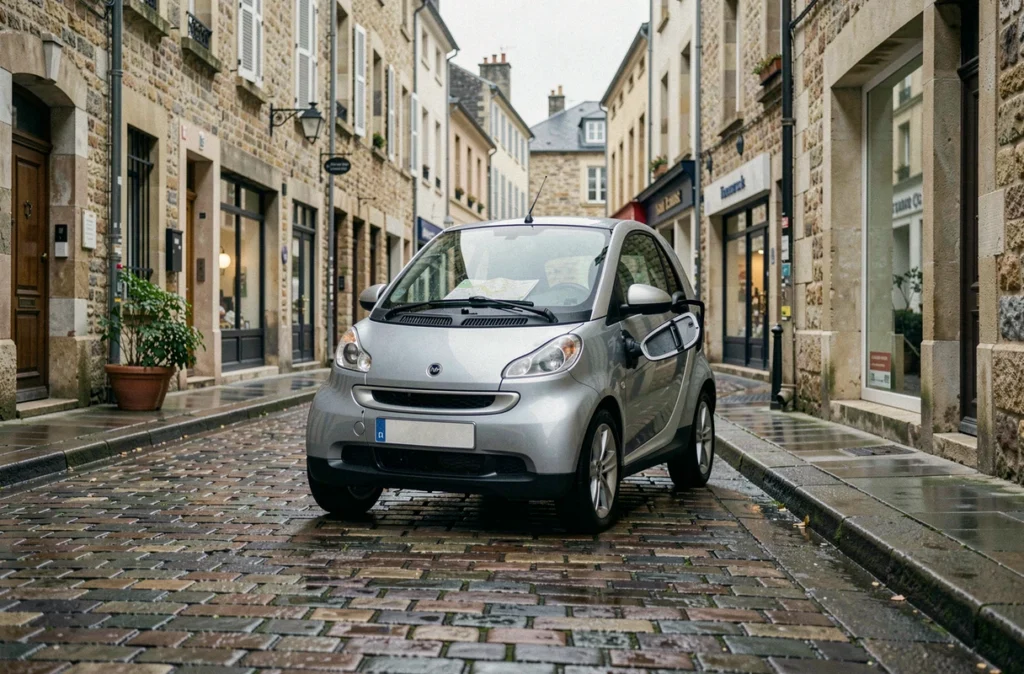 Voiture sans permis garée sur une rue pavée d'une ville française avec la trappe à carburant ouverte