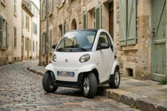 Voiture sans permis blanche garée dans une rue pavée d'un village français, vue en perspective 3/4 basse