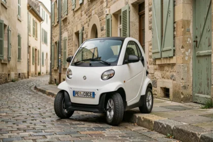 Voiture sans permis blanche garée dans une rue pavée d'un village français, vue en perspective 3/4 basse