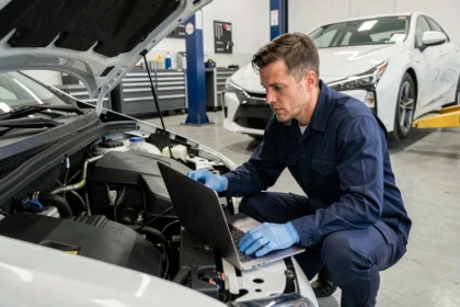 Technicien automobile diagnostiquant une voiture hybride avec un ordinateur portable connecté au port OBD dans un atelier moderne